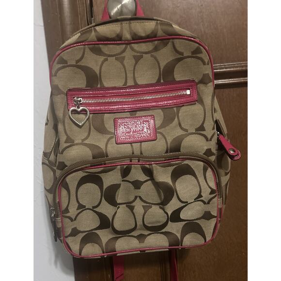 Authentic Coach Signature Poppy Backpack Tan Canvas/Pink Leather Trim F22948 - Picture 1 of 16